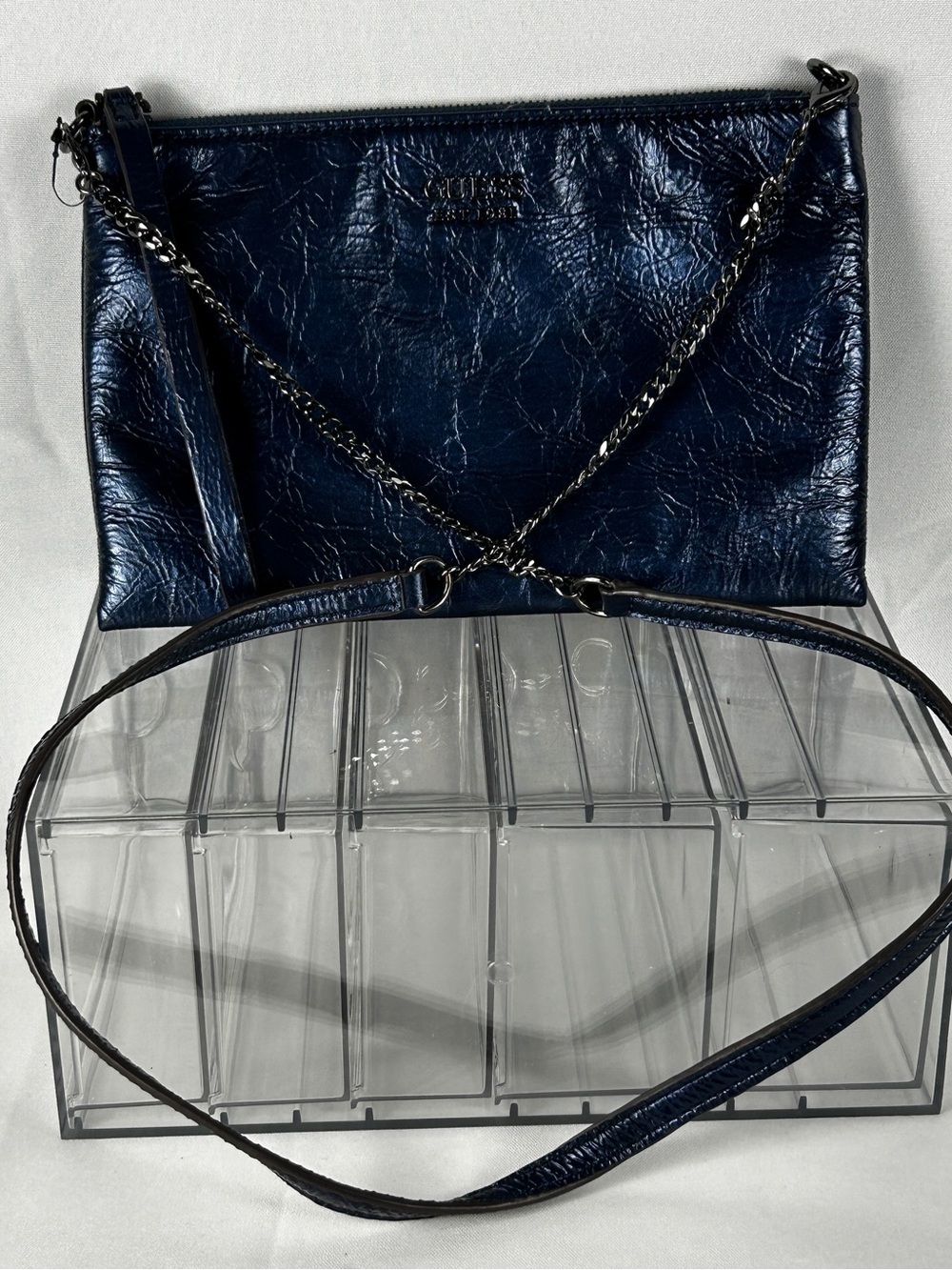 GUESS Navy Leather Crossbody Bag - Gunmetal and Leather Chain Strap